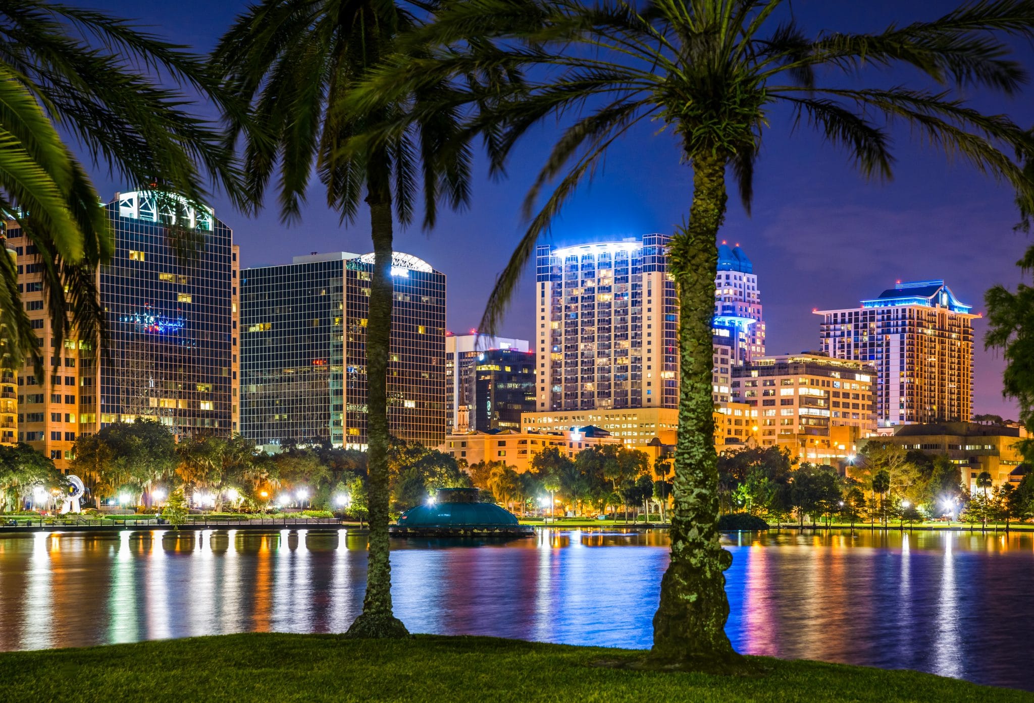 Orlando Florida, skyline, Lake Eola, cityscape, skyscrapers, reflections, water, night - Megan's 